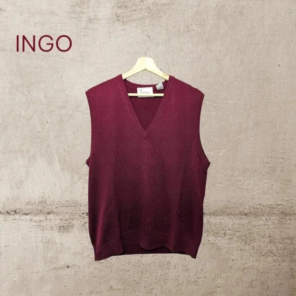 VTG Ingo Virgin Wool Blend V Neck Sweater Vest Mens Size L Burgundy Hong Kong